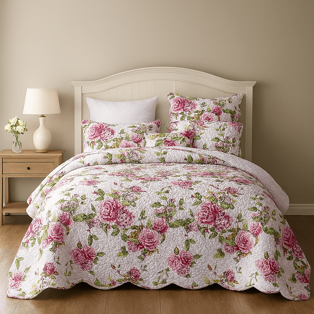 Pink floral quilted bedspread set with scalloped edges and roses.