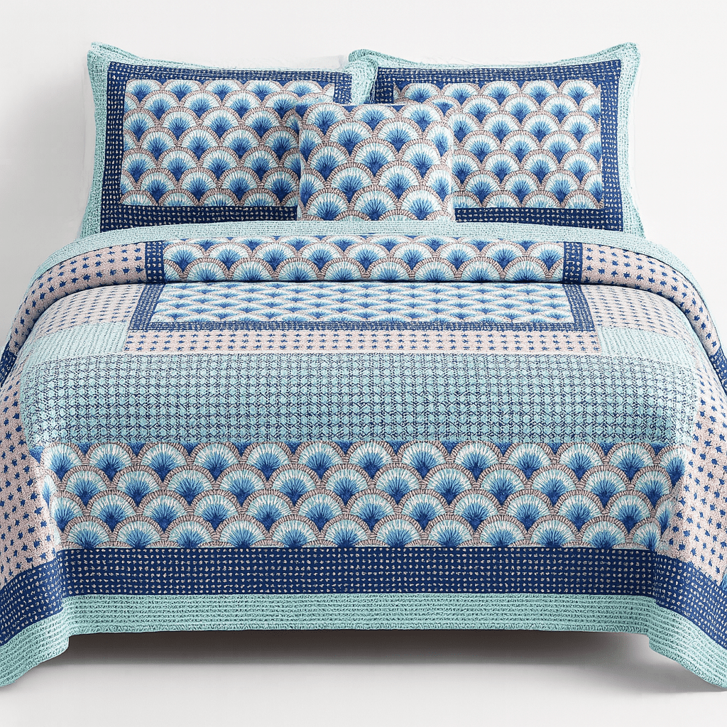 Blue and green Mediterranean patchwork quilted bedspread set.