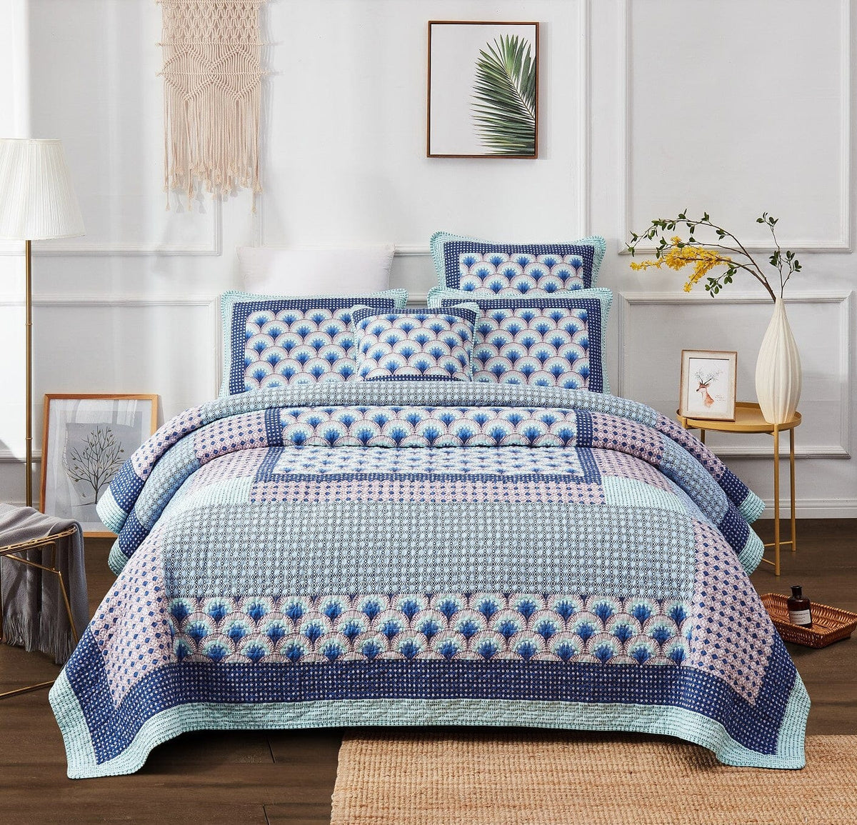 Blue and green Mediterranean patchwork quilted bedspread set.