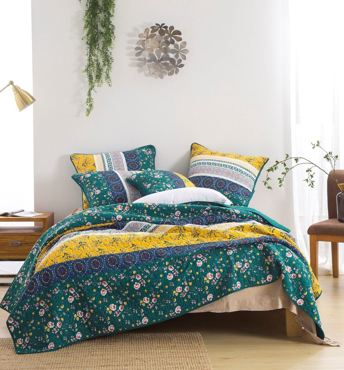 Bohemian patchwork floral green Gardenia bedspread set with pillows