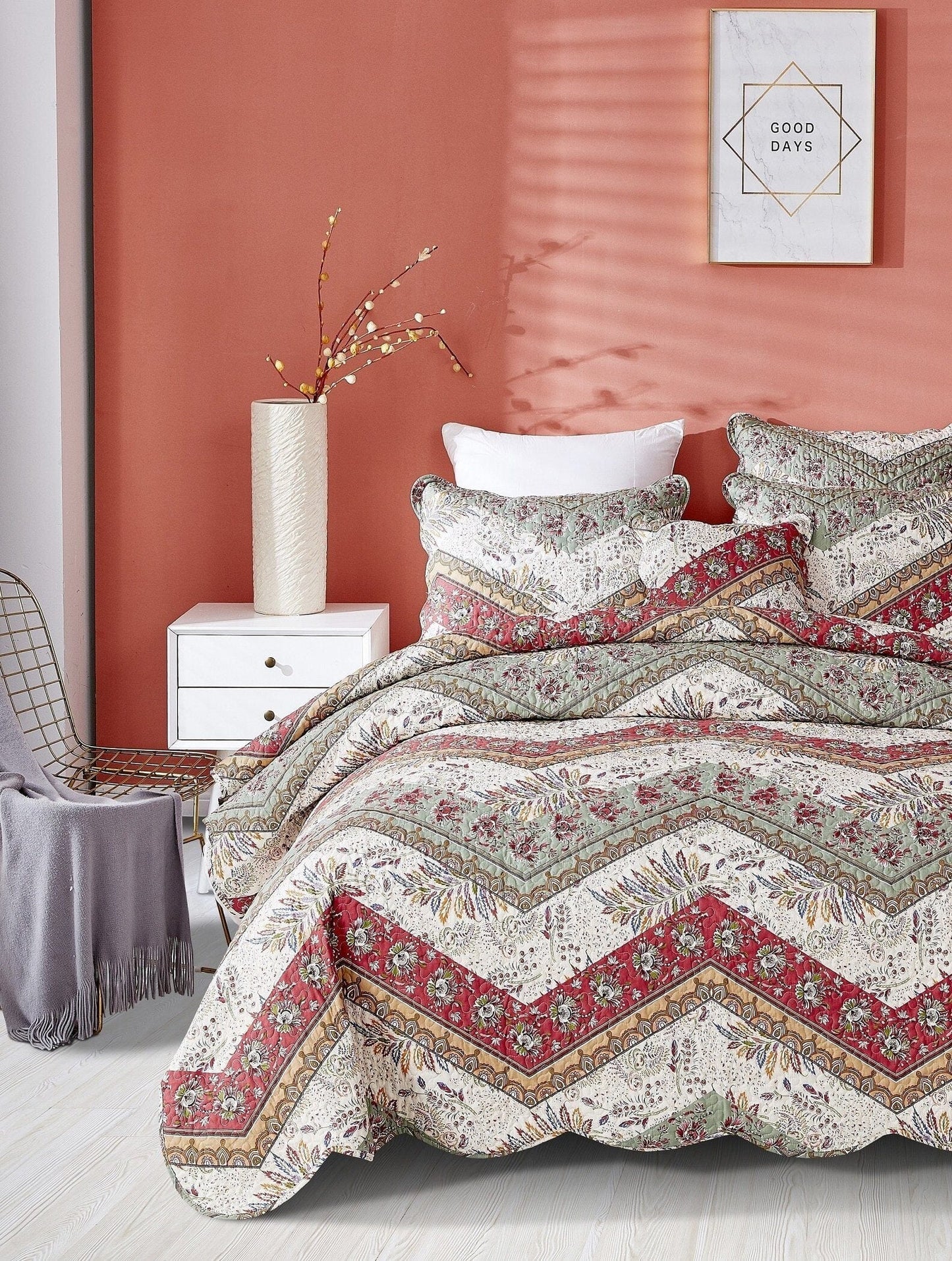 Rustic Bohemian Cranberry Sage Chevron Floral Bedspread Set