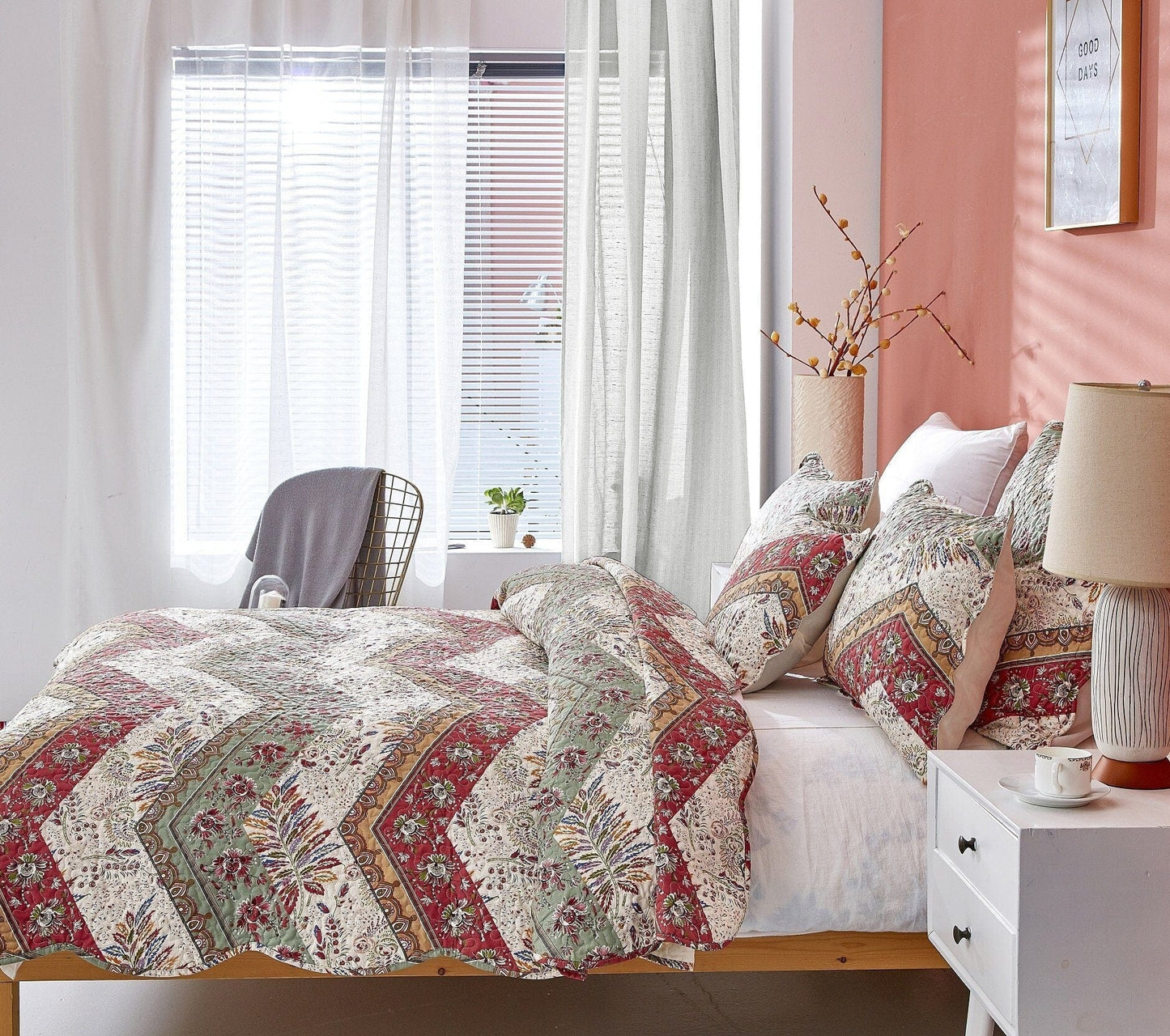 Rustic Bohemian Cranberry Sage Chevron Floral Bedspread Set