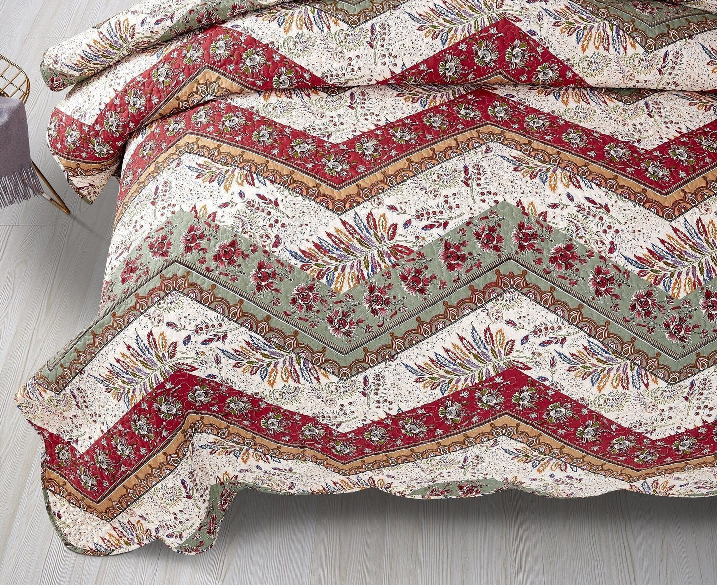 Rustic Bohemian Cranberry Sage Chevron Floral Bedspread Set