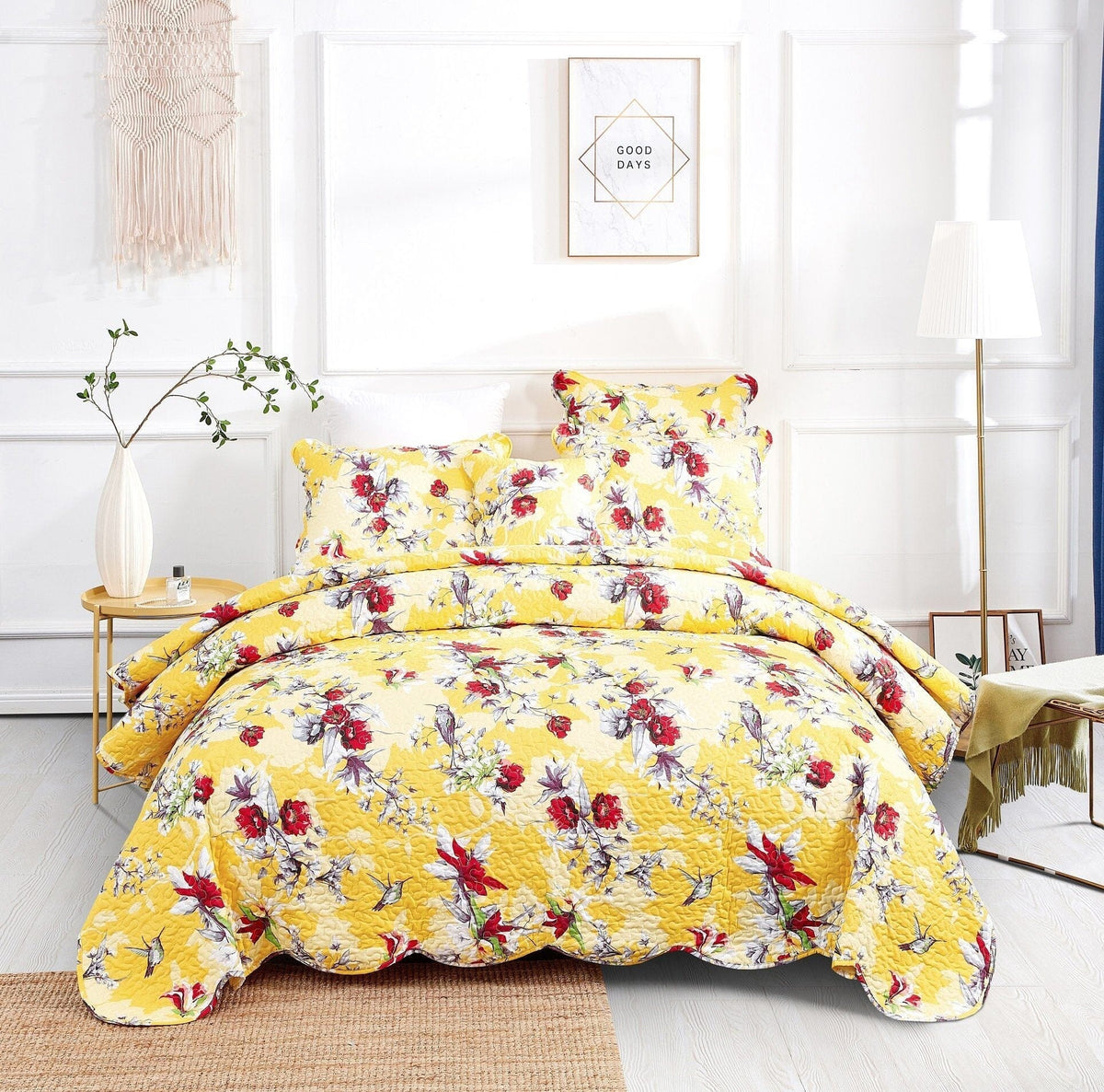 Yellow hummingbirds and floral scalloped quilted bedspread set.