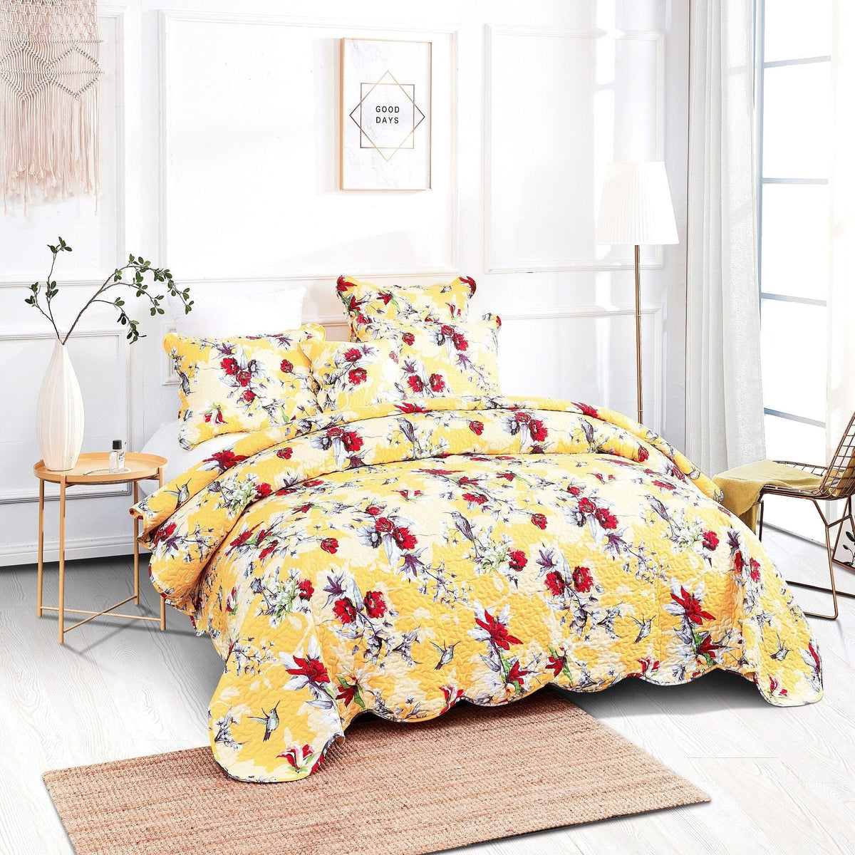 Vibrant yellow hummingbirds floral scalloped quilted bedspread set.