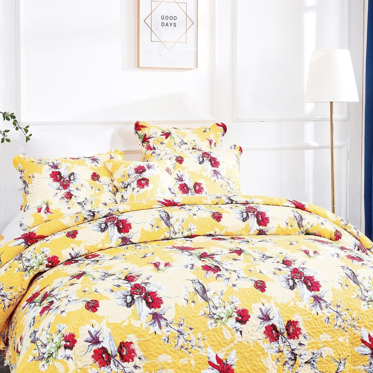 Yellow hummingbirds floral scalloped quilted bedspread set.