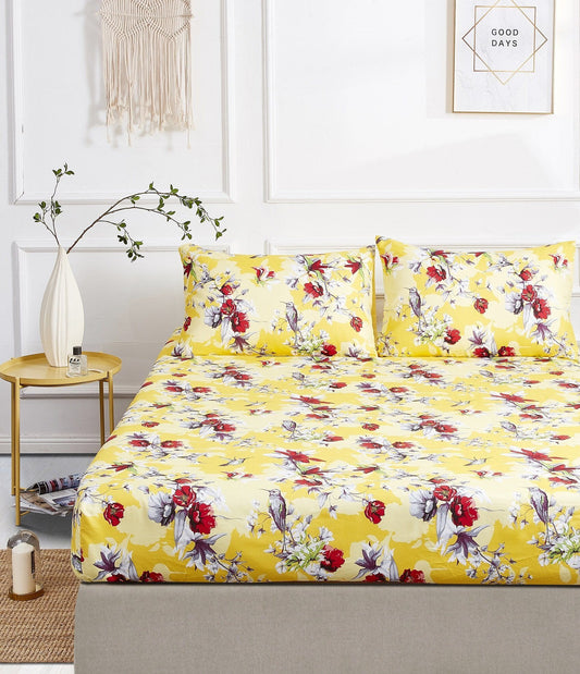 Vibrant Yellow Hummingbirds Floral Fitted Sheet With Pillow Cases
