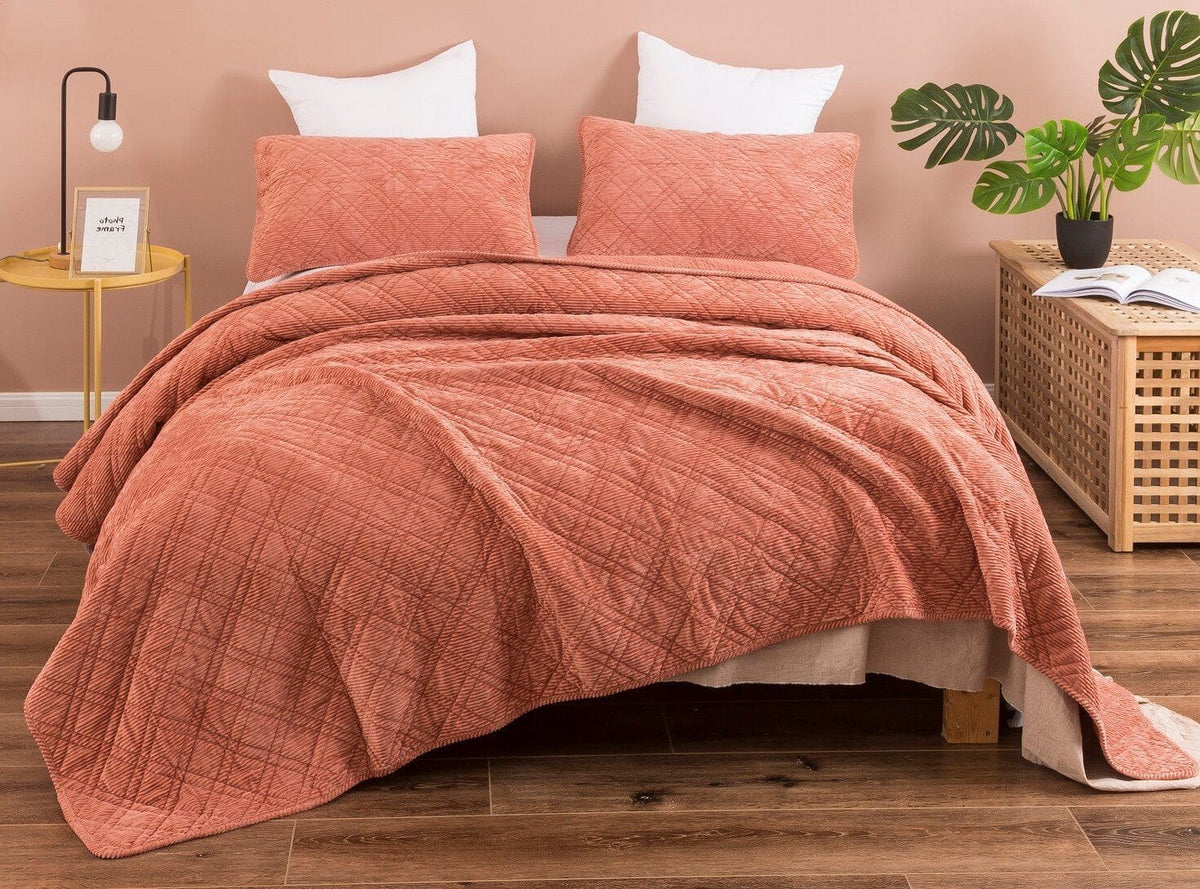 Soft terracotta orange velour corduroy bedspread set detail