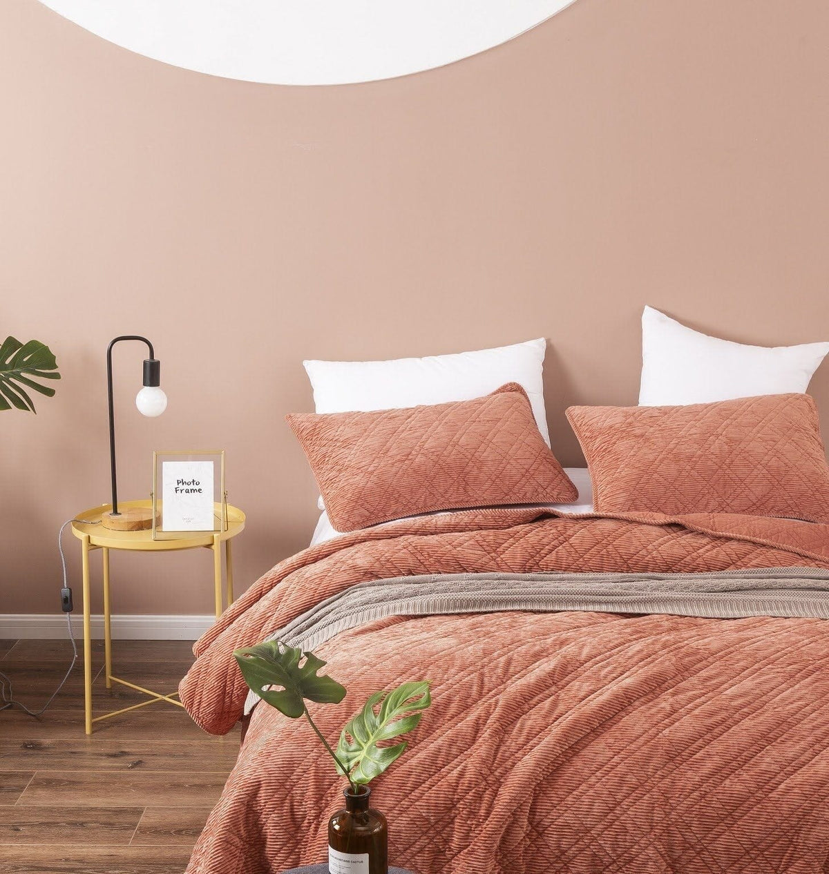 Soft terracotta orange velour corduroy bedspread set detail