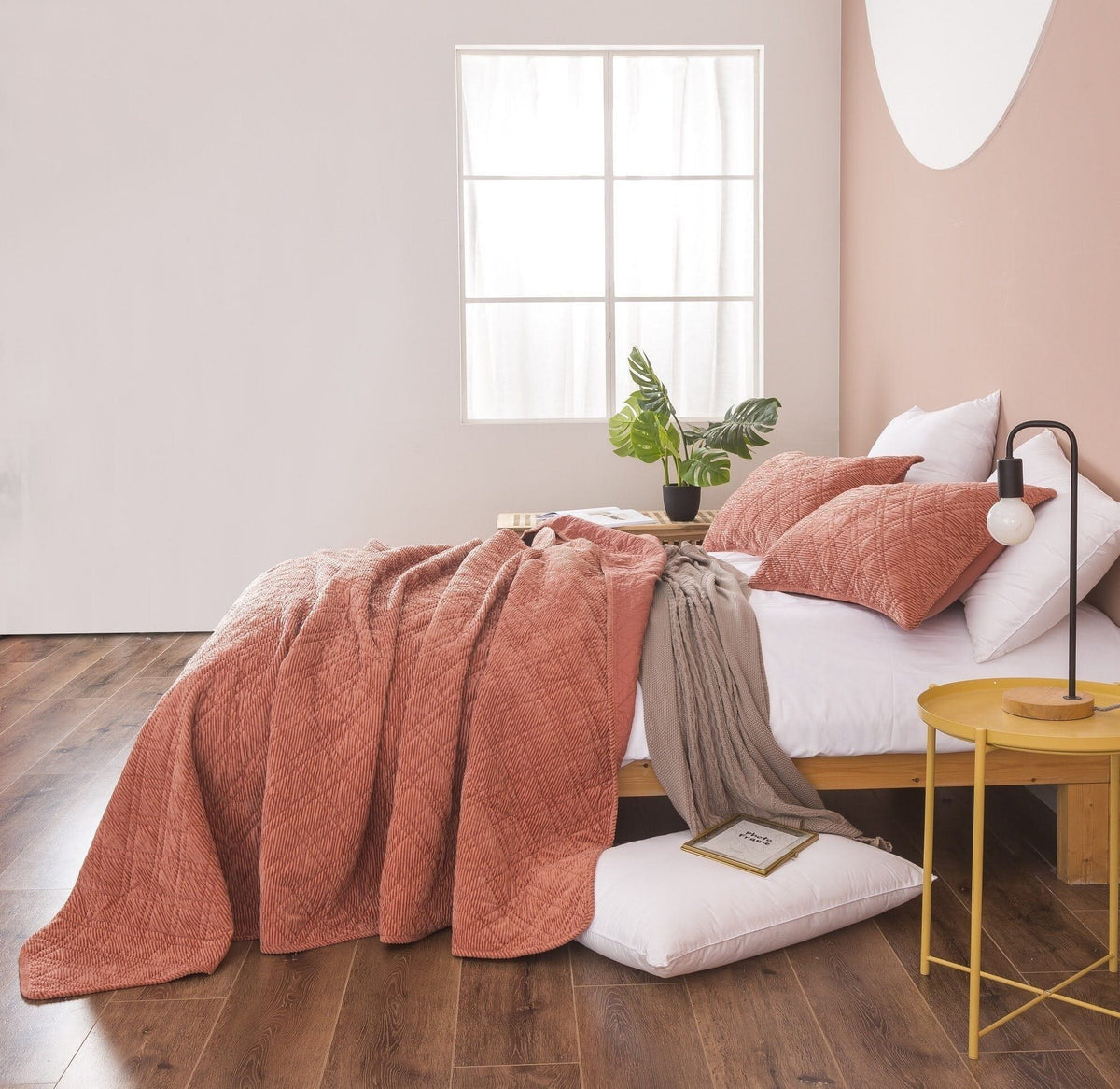 Terracotta orange velour corduroy bedspread set detail