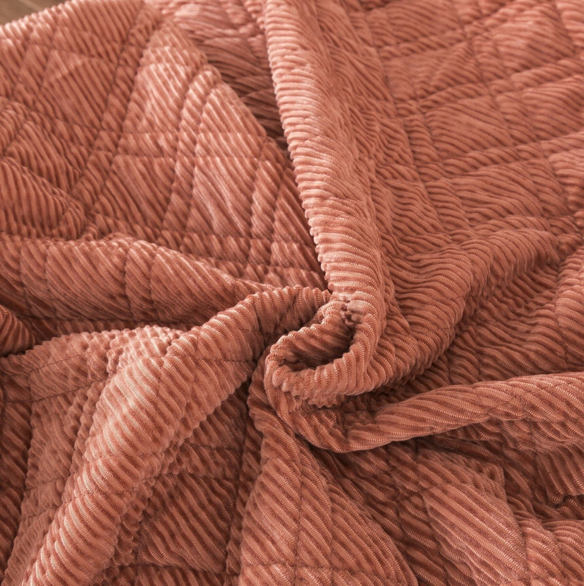 Soft terracotta orange velour corduroy bedspread set detail