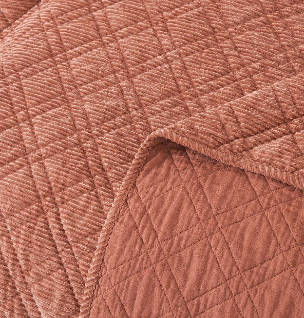 Soft terracotta orange velour corduroy bedspread set detail