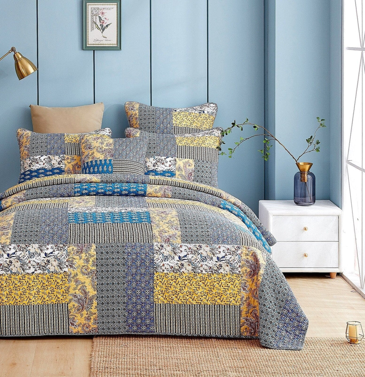 Honey Cove Garden floral paisley cottage patchwork bedspread set with matching shams.