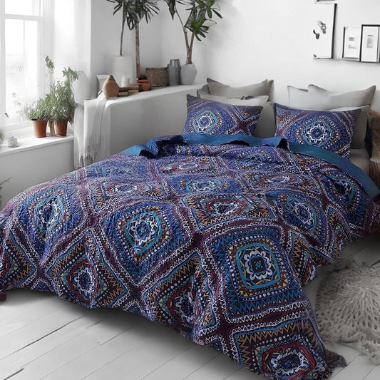 Bohemian Diamond Geometric Bedspread Set Navy Blue Quilt