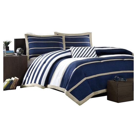 Luxurious Full/Queen Size Navy Blue White Khaki Stripe Comforter Set