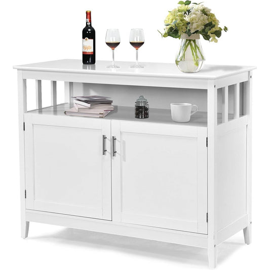 White Wood 2-Door Dining Buffet Sideboard Cabinet with Open Storage Shelf-0