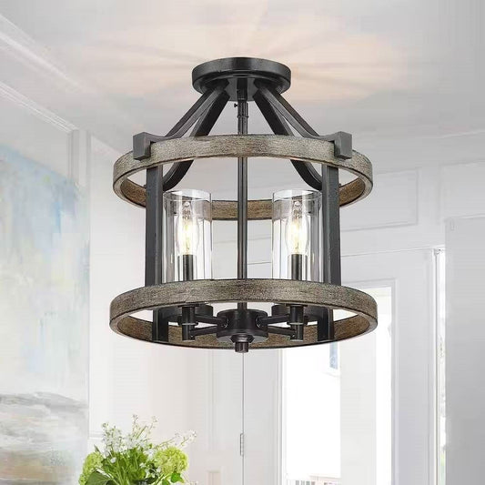 Round 12.5-Inch 4-Light Metal and Wood Farmhouse Semi-Flush Ceiling Lamp