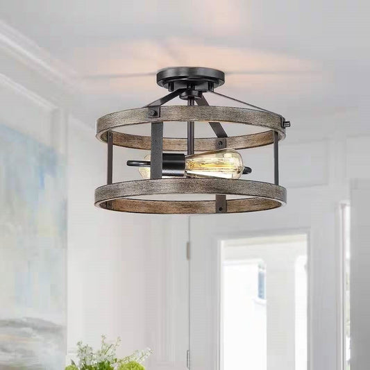 Rustic Farmhouse 13-Inch Round Metal Wood 2-Light Semi-Flush Ceiling Lamp