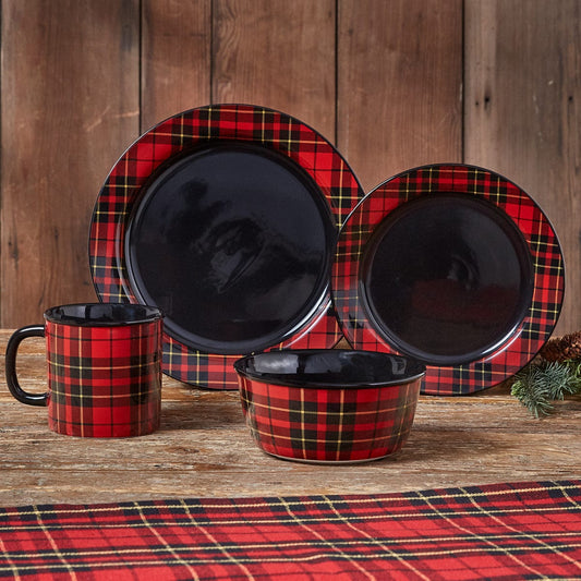 Montana Plaid Dinnerware Set showcases a vibrant red plaid design with black interiors, perfect for outdoor enthusiasts.