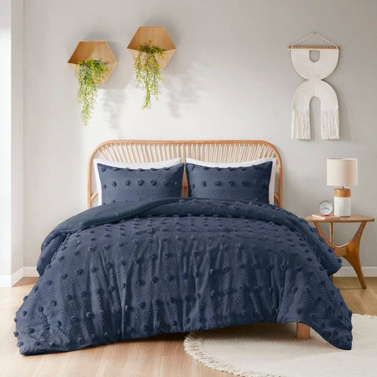 Full/Queen 3 Piece Navy Pompom Microfiber Hypoallergenic Comforter Set-0