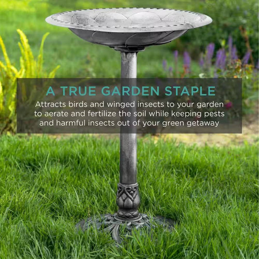 Weather Resistant Outdoor Polyresin Bird Bath With Rustic Aged Silver Finish
