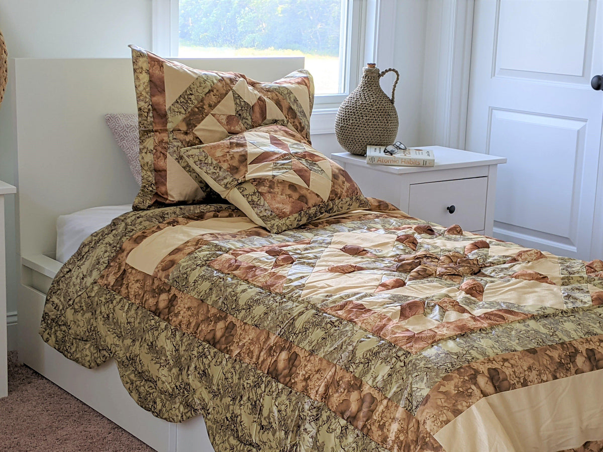 Rustic camouflage earthy floral beige and green comforter set.