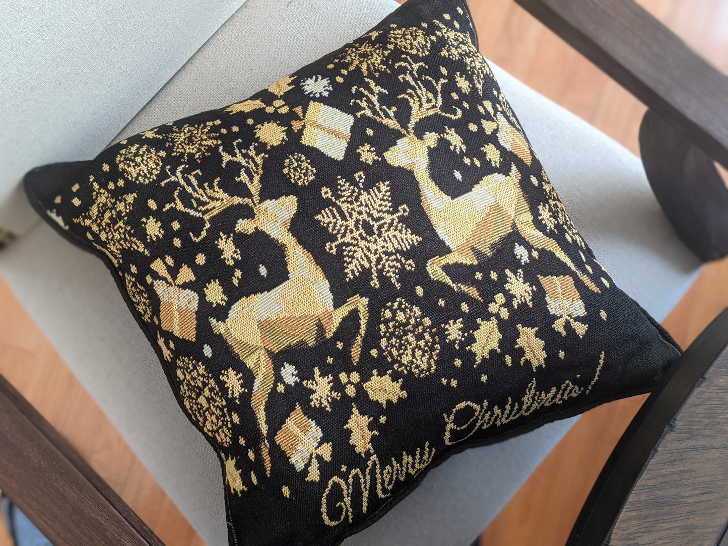 Magical Golden Reindeer Woven Tapestry Throw Pillow Cover 16 Inch