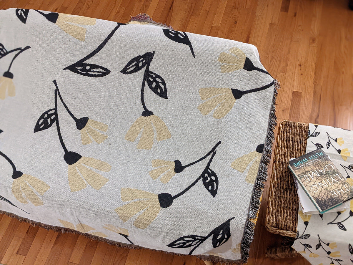 Yellow Fleur botanical throw blanket, 50x60 inches, golden floral tapestry design.