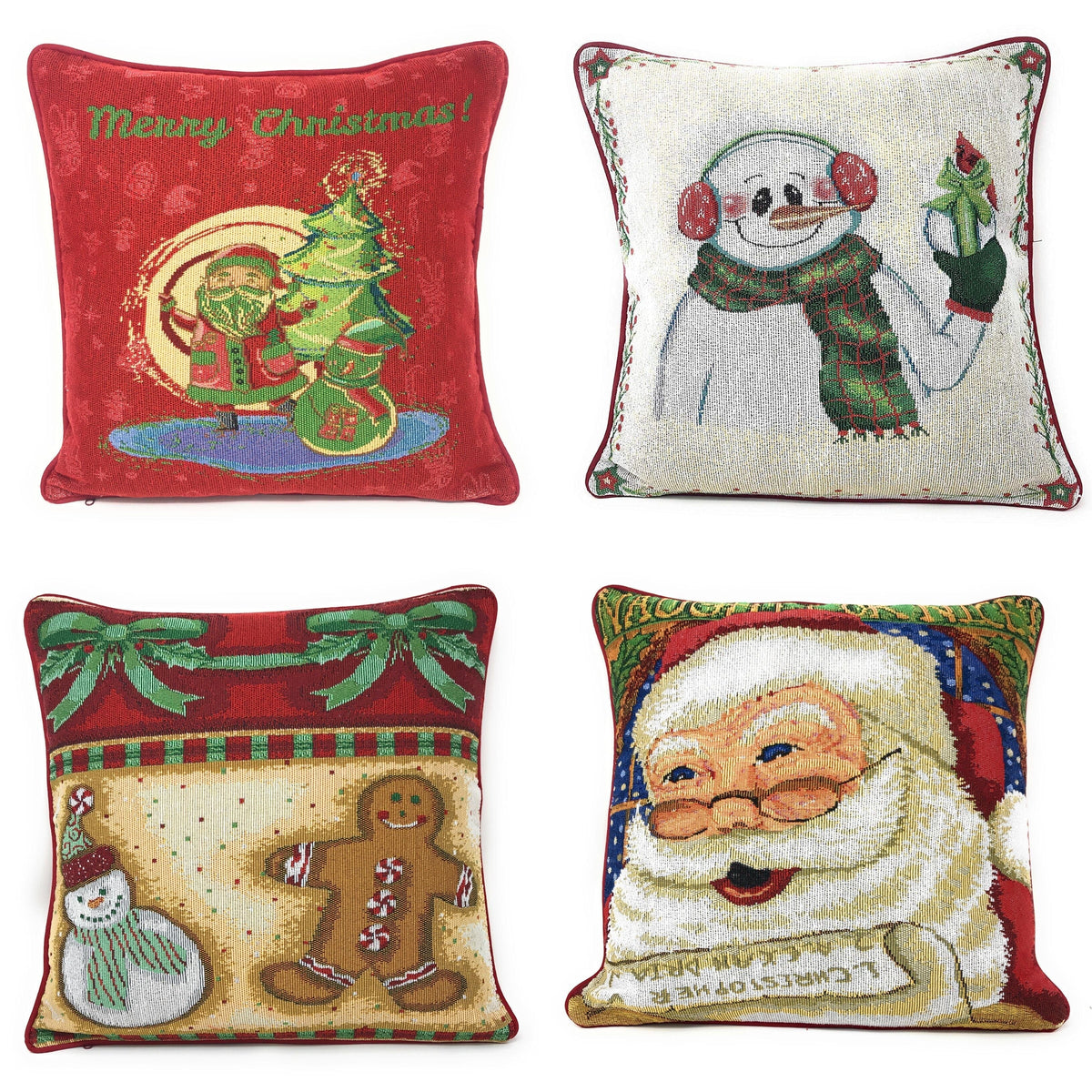 Four 16x16 Christmas pillow covers: Santa, snowman, gingerbread man, and snowflake designs.