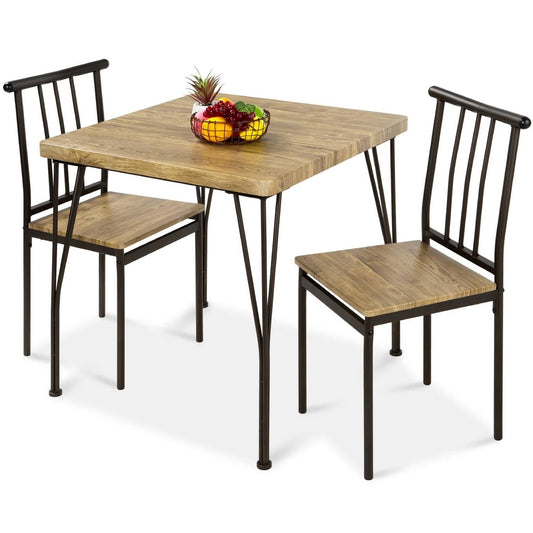 Sturdy Modern 3-Piece Metal Frame Dining Set With Wood Top Table, 2 Chairs, And Up To 286 Lbs Capacity