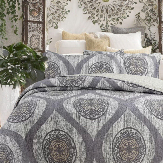 Rustic Grey Medallion Reversible Bedspread Set