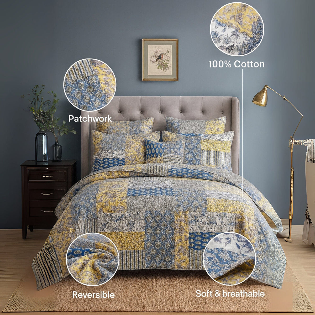 Honey Cove Garden floral paisley cottage patchwork bedspread set with shams.