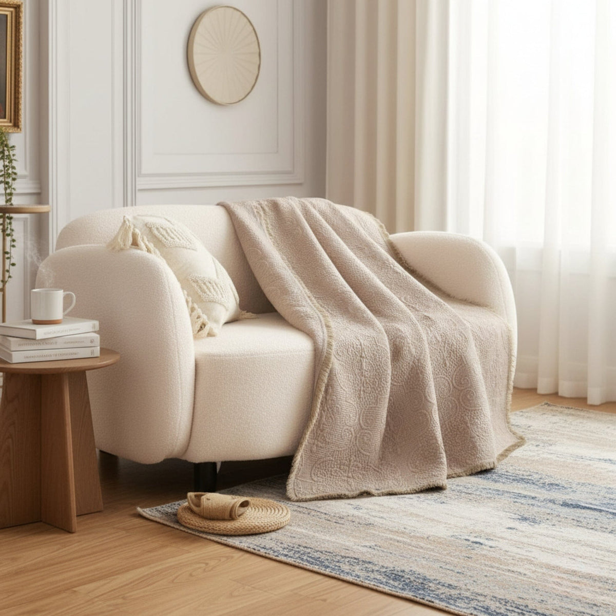Elegant taupe beige 50x60 throw blanket with paisley quilting and fringe detail.