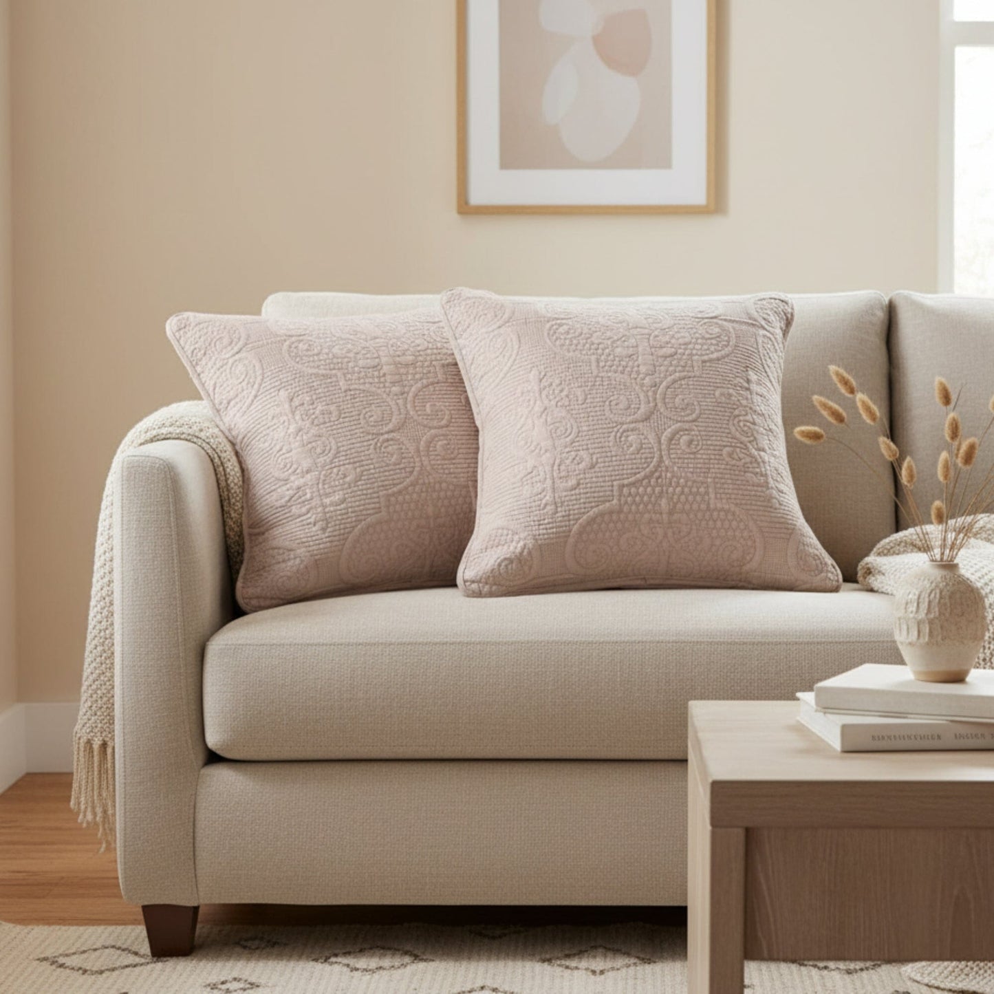 2 Piece Cushion Cover Set 18x18 Sandy Beige Taupe Floral Damask