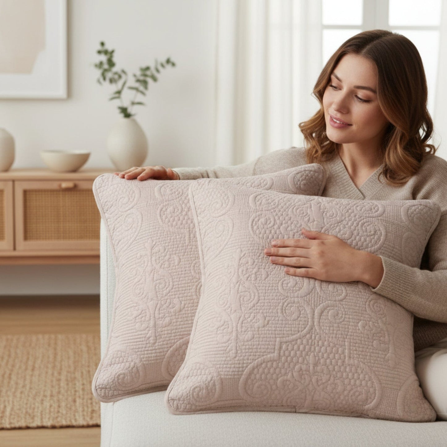 2 Piece Cushion Cover Set 18x18 Sandy Beige Taupe Floral Damask