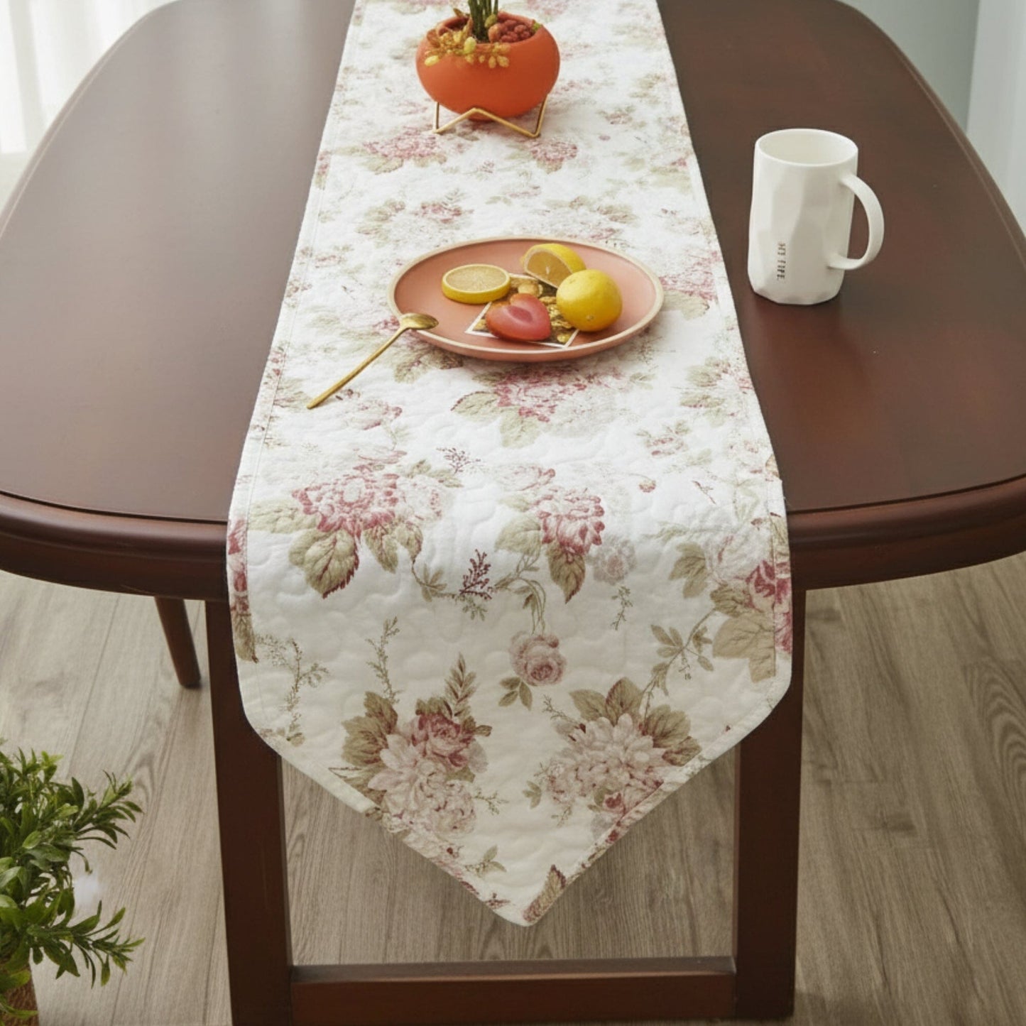 Mint Green Cottage Floral Roses Quilted Cotton Table Runner
