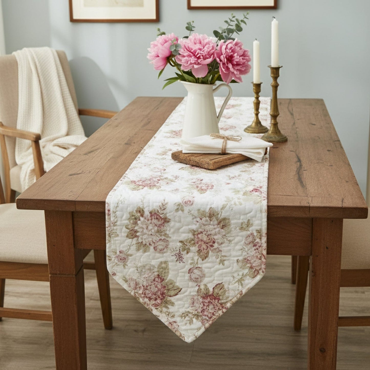 Mint Green Cottage Floral Roses Quilted Cotton Table Runner