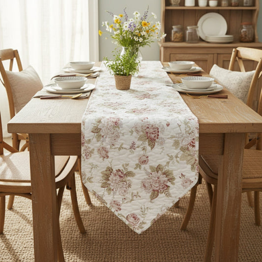 Mint Green Cottage Floral Roses Quilted Cotton Table Runner