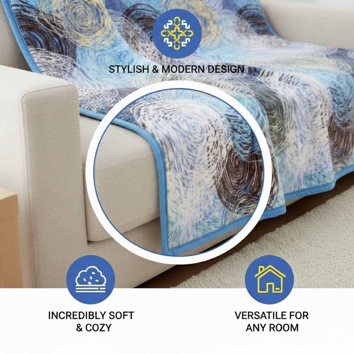 Swirly navy blue abstract fleece flannel throw blanket, 50x60 inches.