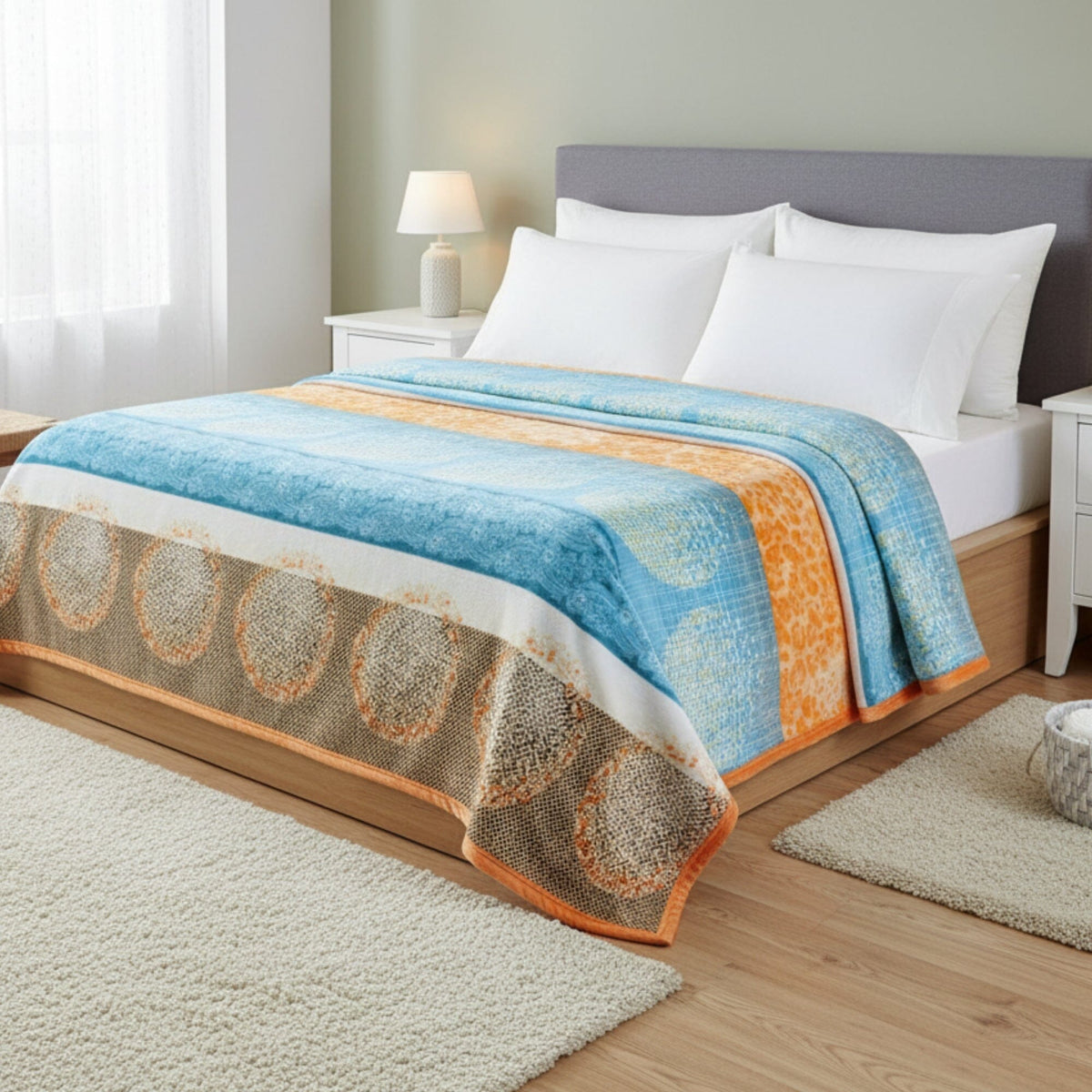 Papaya Beach reversible fleece flannel throw blanket in orange and blue.