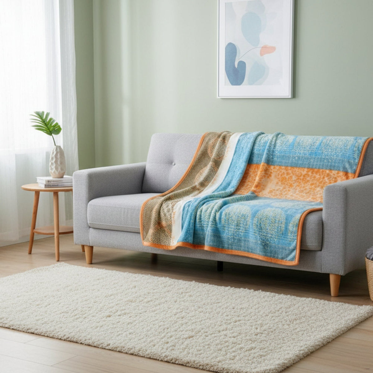 Reversible Papaya Beach orange and blue fleece flannel throw blanket, soft and cozy.