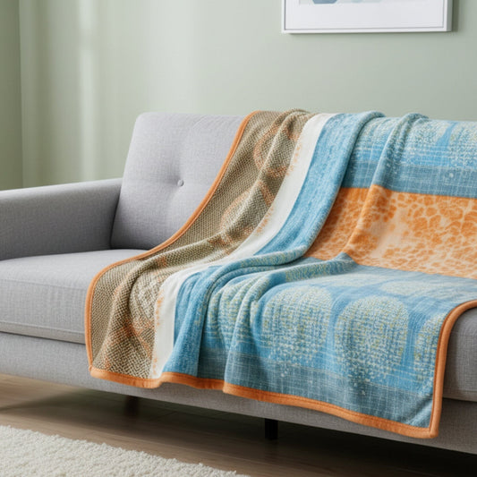Papaya Beach orange and blue reversible fleece flannel throw blanket.