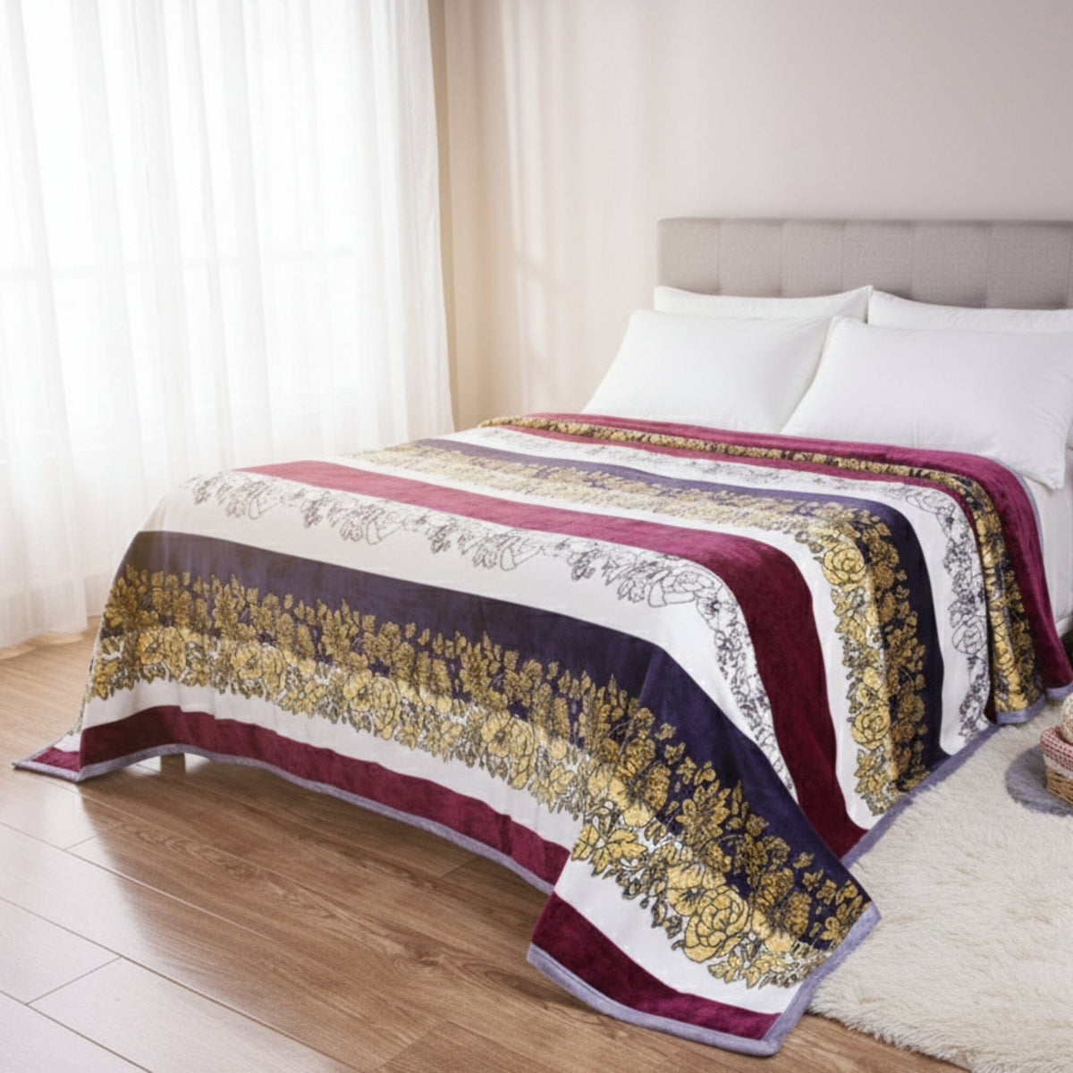 Mink flannel fleece throw blanket with floral and striped carnation pattern.