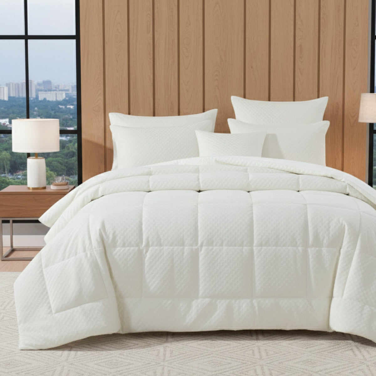 Ivory white velvet comforter set with tufted quilting.