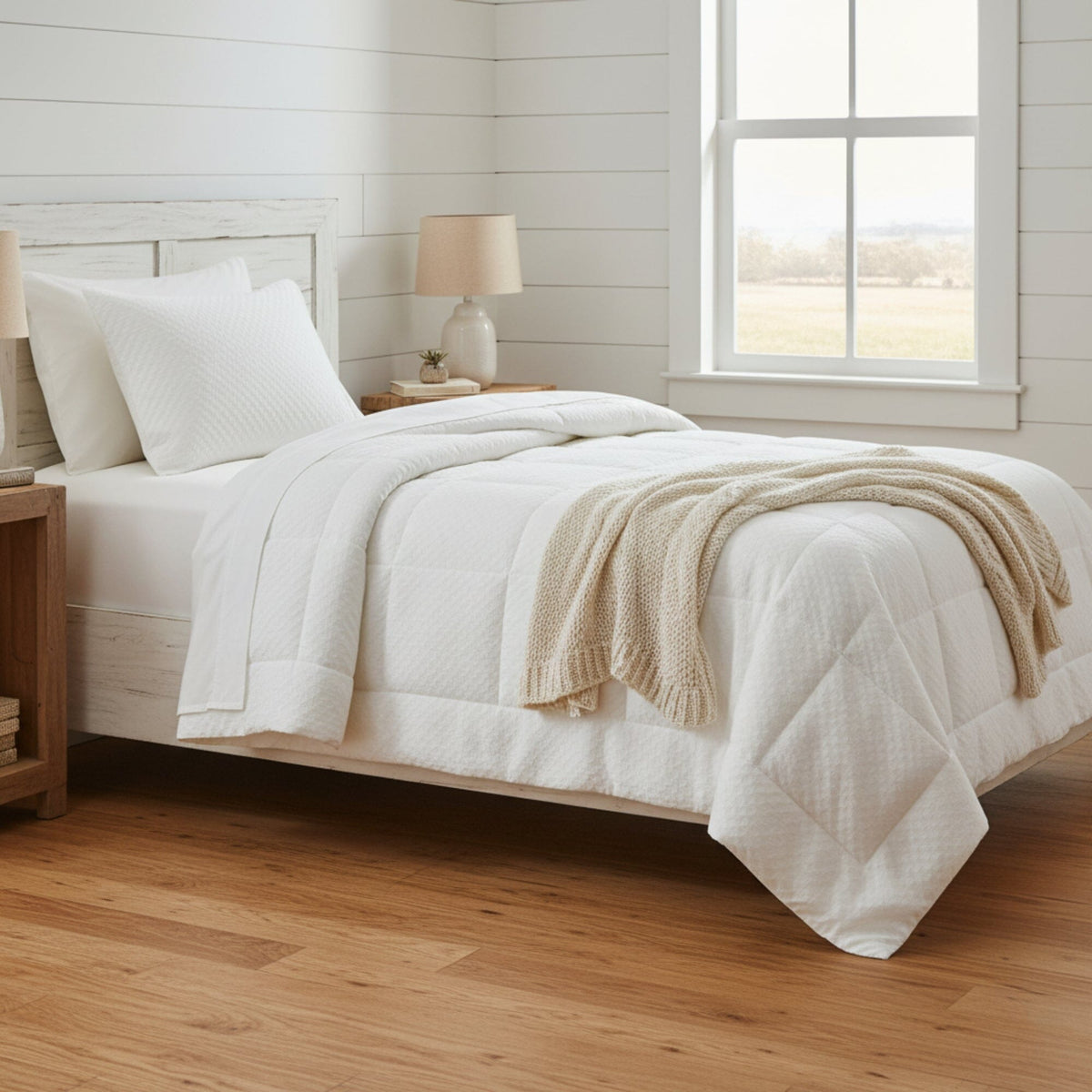 Ivory white velvet comforter set with tufted quilting.