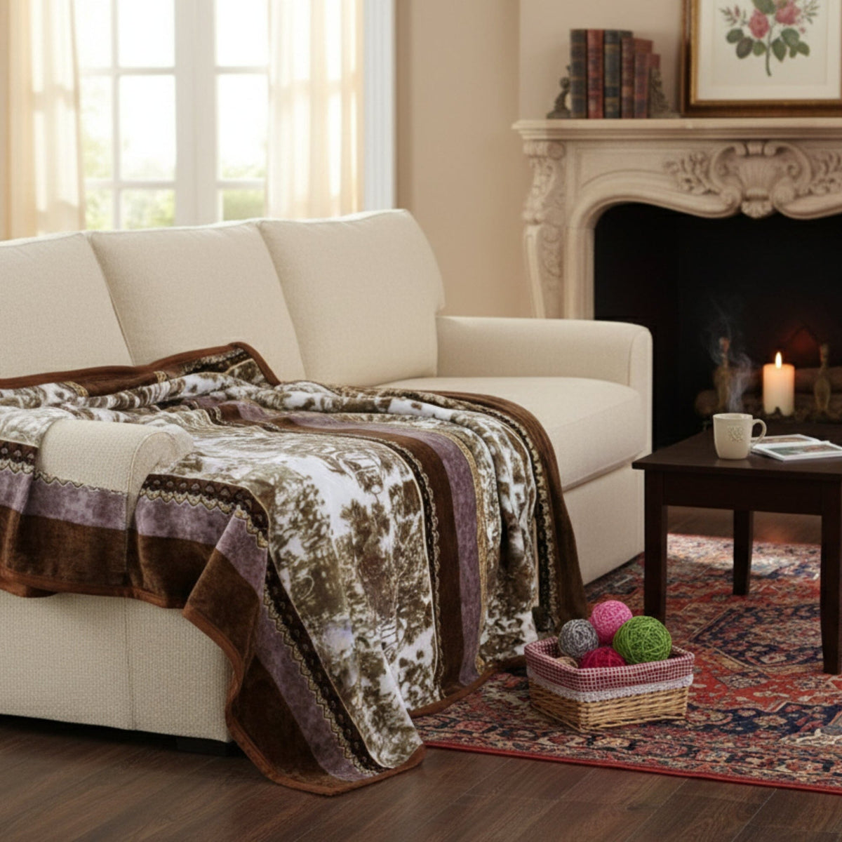 Soft twilight lavender brown floral flannel mink fleece throw blanket