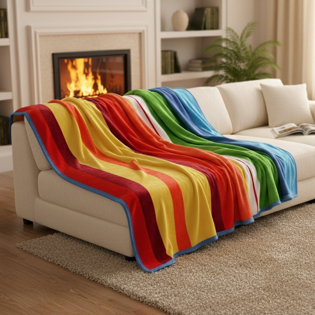 Rainbow striped flannel fleece throw blanket, reversible design.