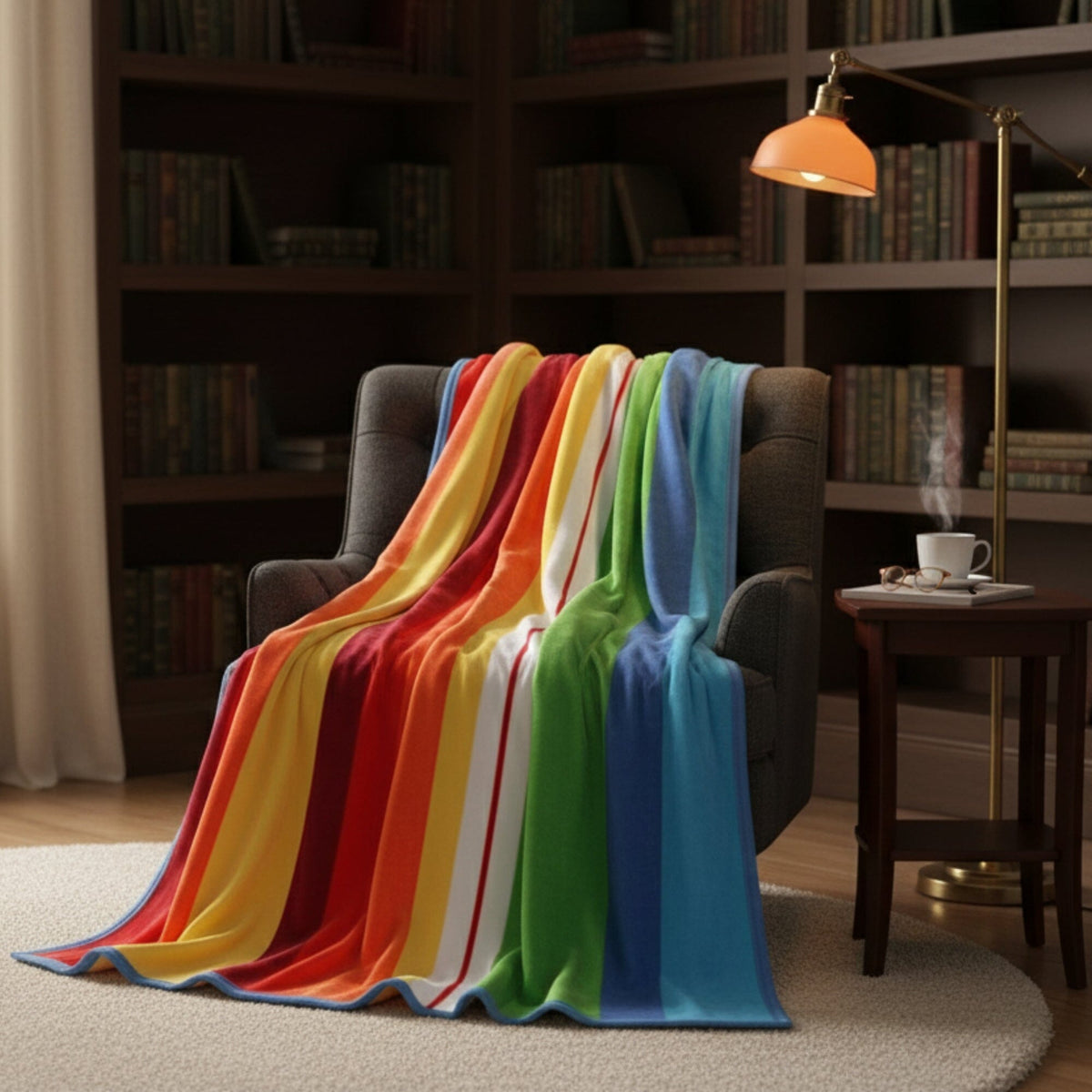 Rainbow striped plush flannel fleece throw blanket, reversible.