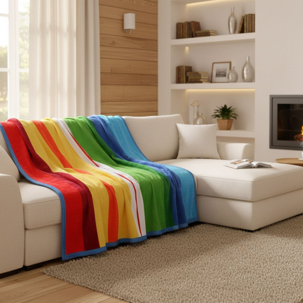 Rainbow striped luxe flannel fleece throw blanket, reversible sides shown.