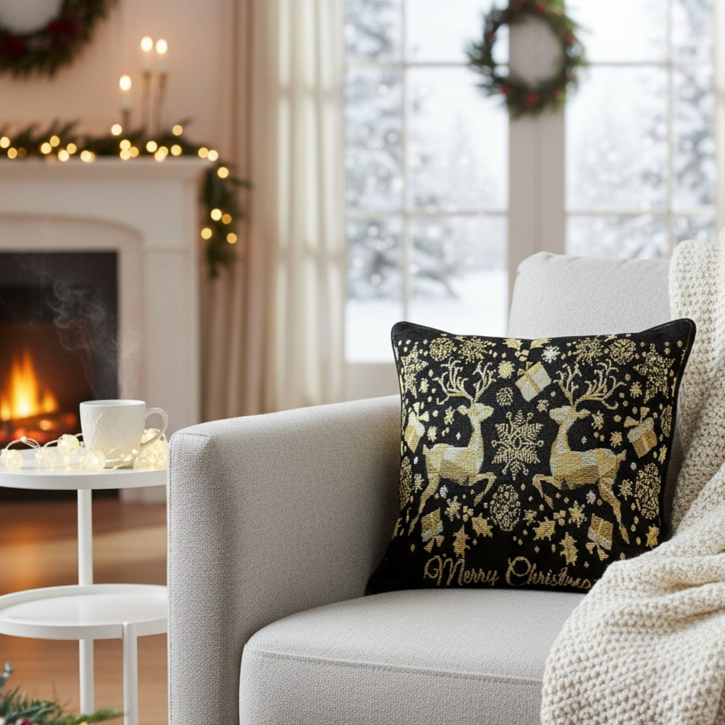 Magical Golden Reindeer Woven Tapestry Throw Pillow Cover 16 Inch